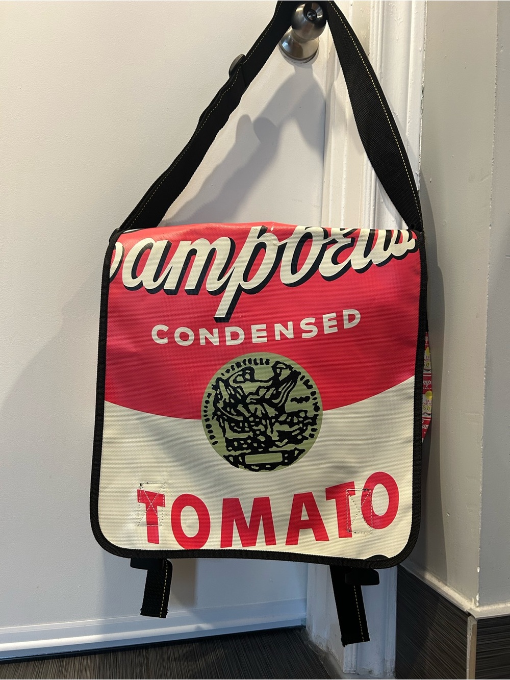 Andy Warhol Tomato Soup Print Messenger Bag with Black Trim